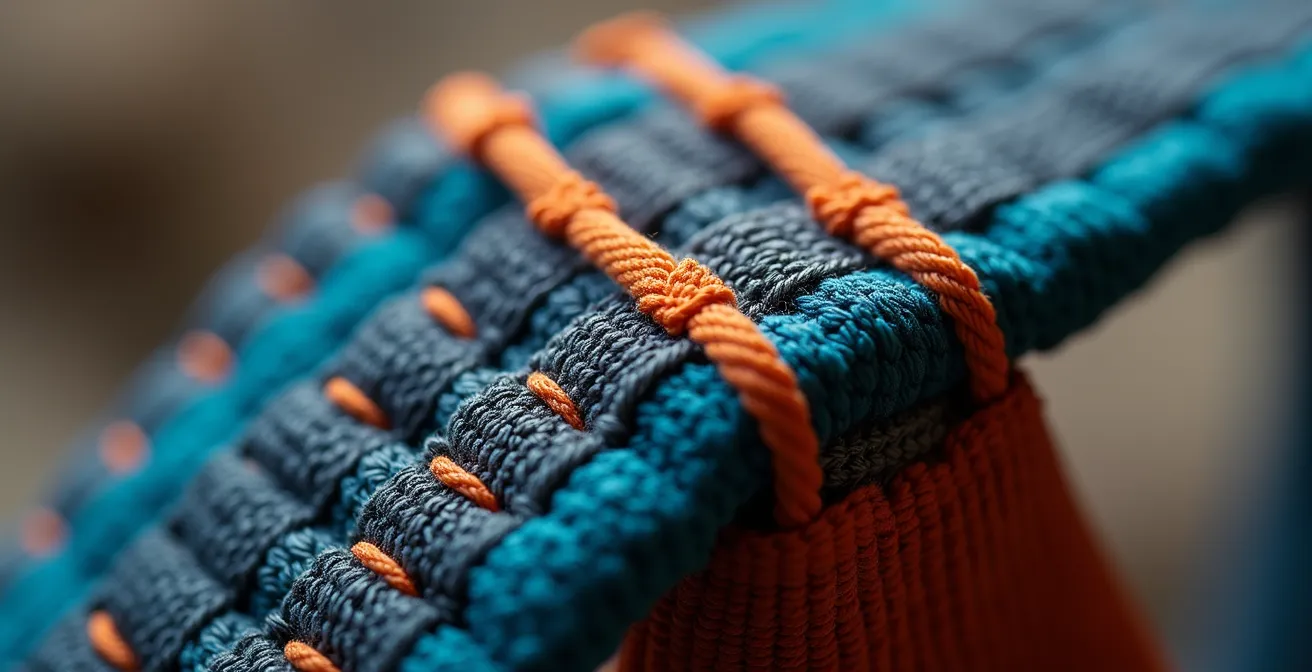 Vue macro détaillée d'un absorbeur d'énergie de via ferrata montrant les coutures spéciales