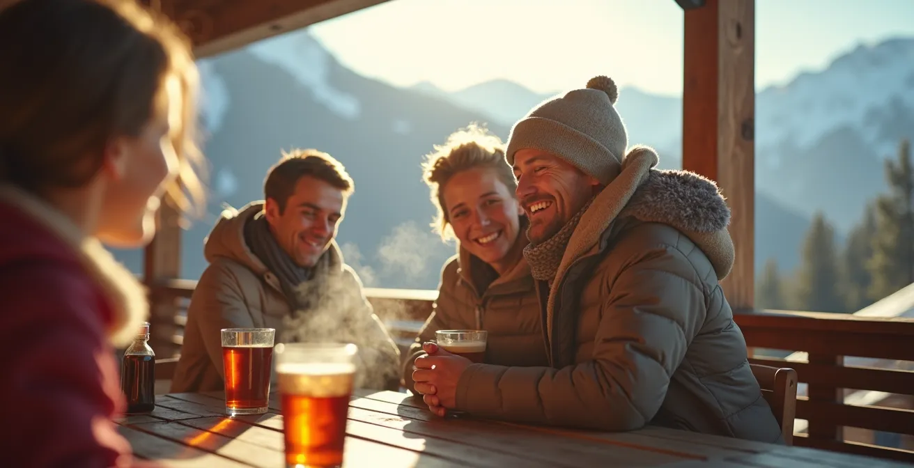 Terrasse ensoleillée de restaurant d'altitude accessible directement depuis une gare de télécabine