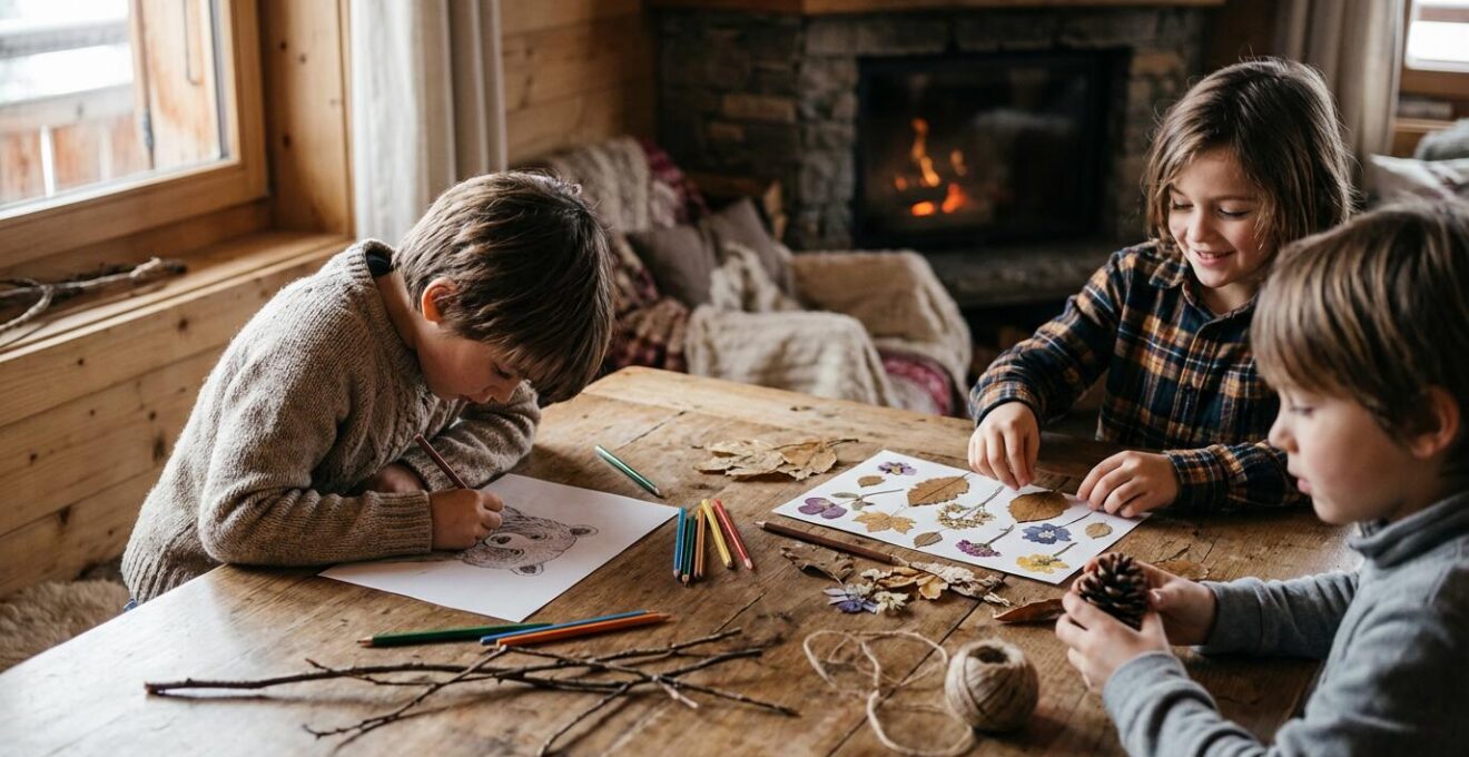 Enfants créant un herbier et des œuvres de land art dans un chalet montagnard chaleureux