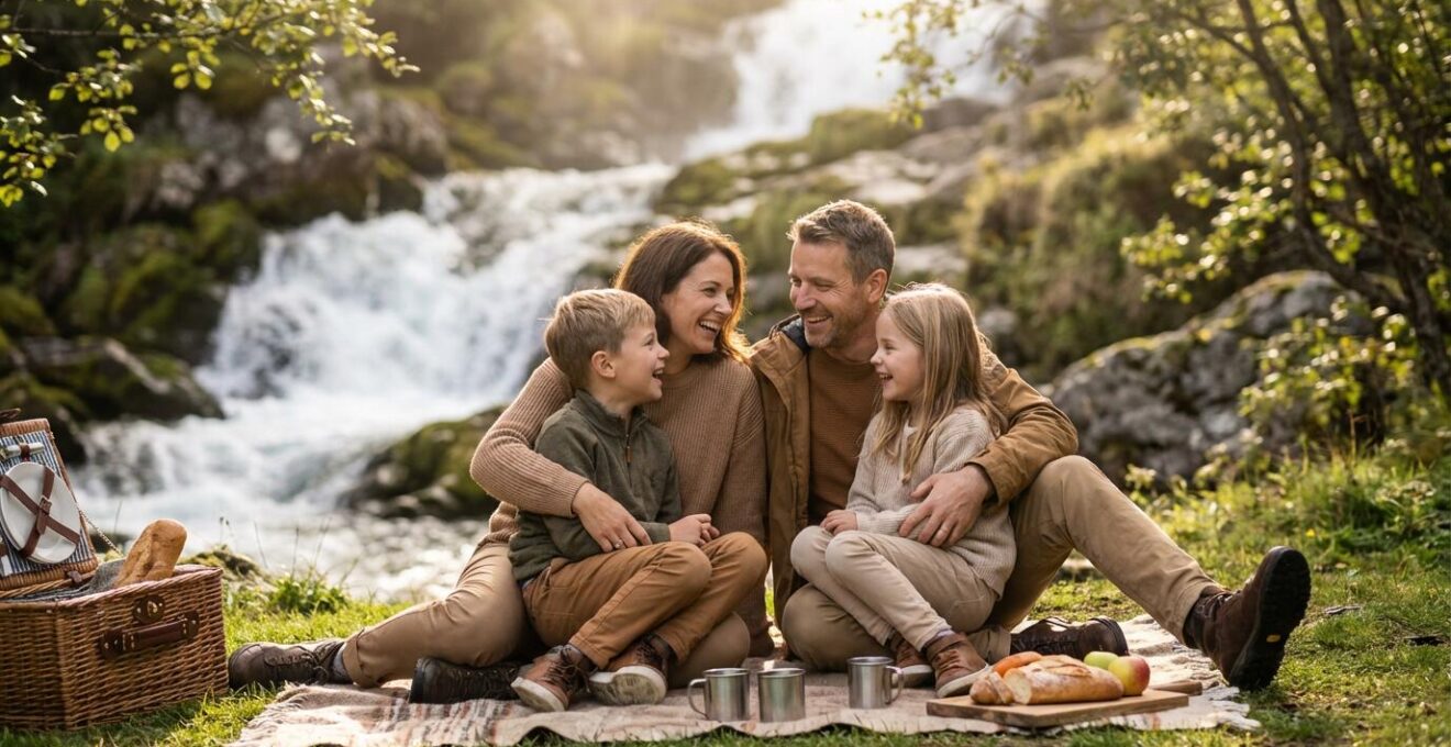 Famille profitant d'un pique-nique au bord d'une cascade en montagne