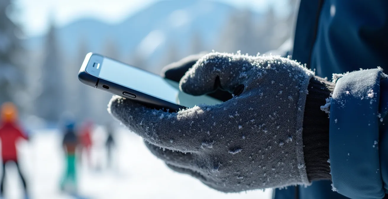 Main tenant un smartphone montrant des données d'affluence avec télésiège en arrière-plan