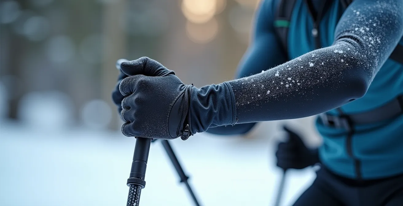 Gros plan sur les bras d'un skieur de fond en phase de poussée avec les bâtons