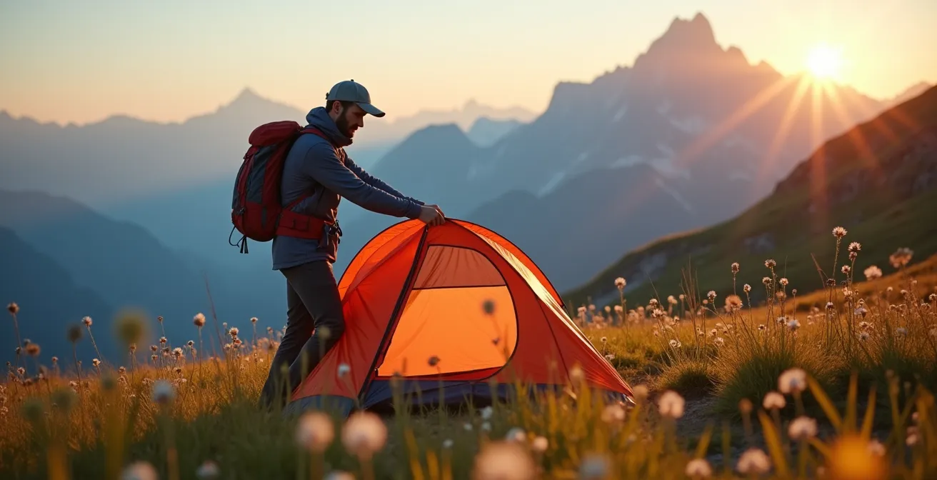 Randonneur repliant sa tente au lever du soleil dans un paysage alpin préservé