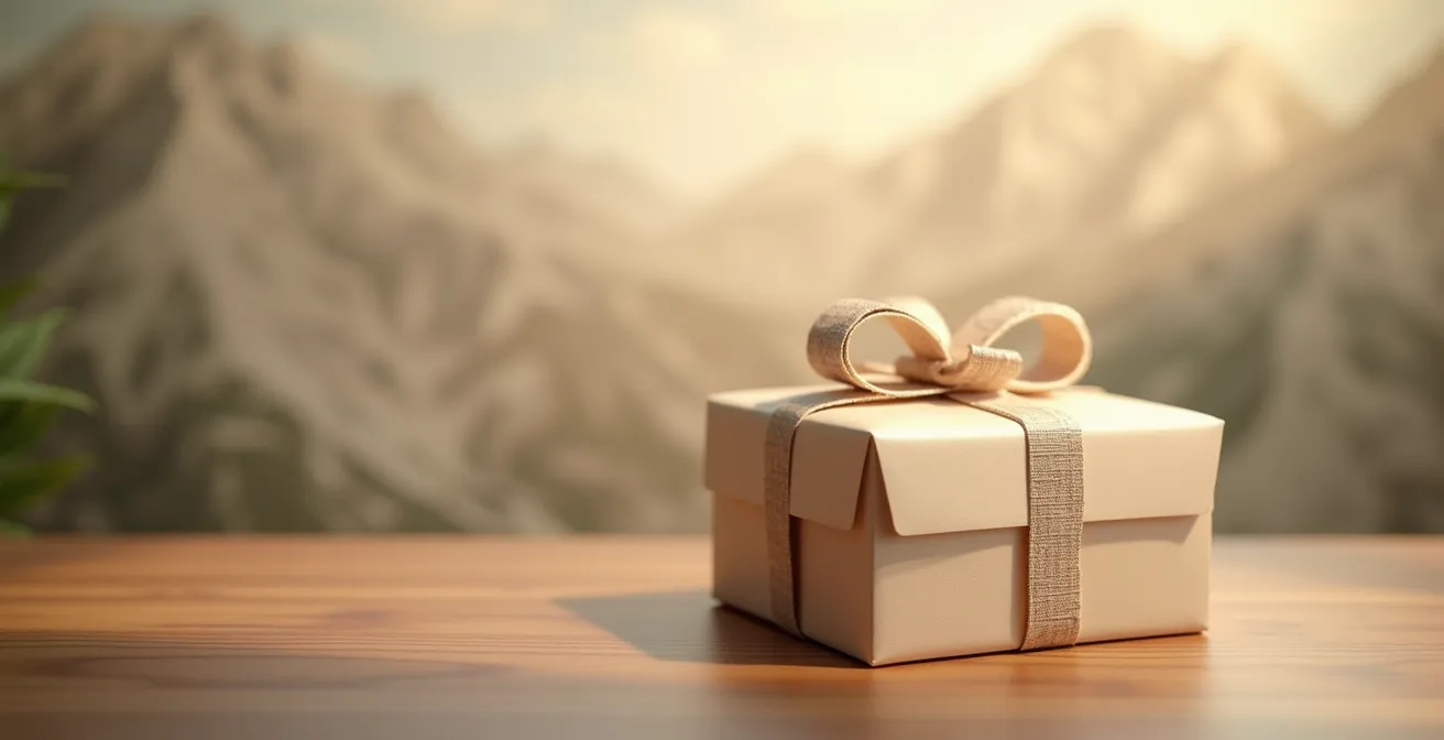 Coffret cadeau élégant avec carte de montagne floue en arrière-plan