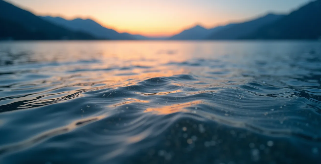 Vue aérienne d'un lac de montagne au lever du soleil montrant des conditions calmes avec légère brume matinale