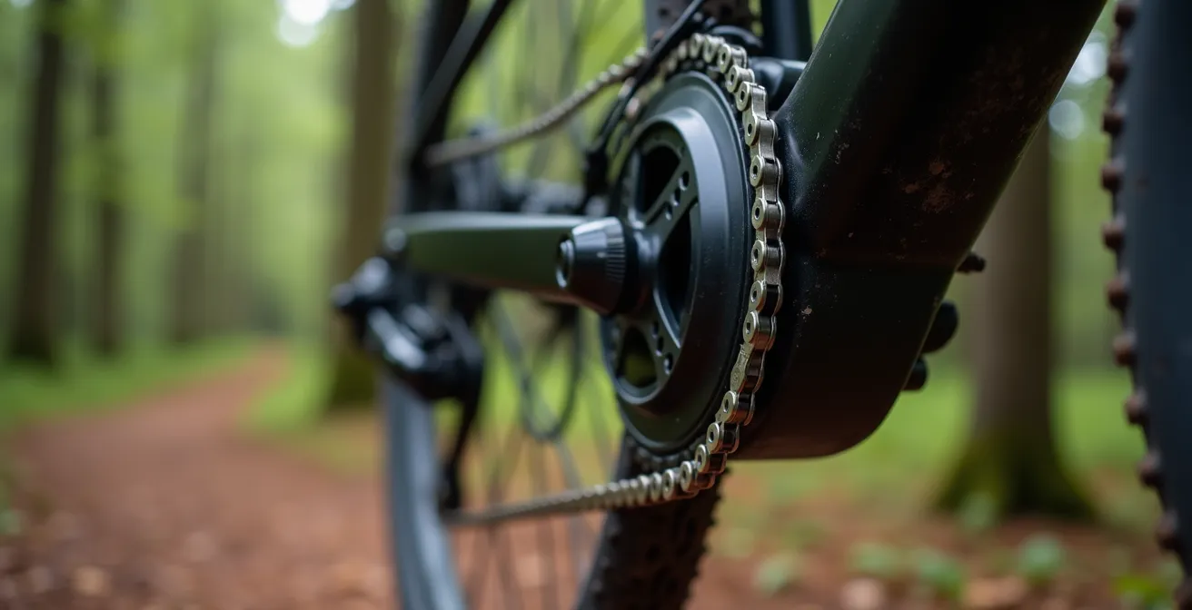 Gros plan sur pédalier et chaîne de VTTAE en mouvement, effet de flou directionnel