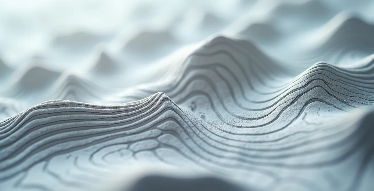 Vue macro de courbes de niveau sur carte topographique avec ombres douces