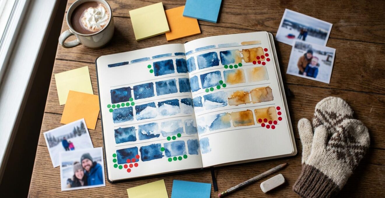 Parents consultant un calendrier avec zones colorées indiquant les meilleures périodes pour réserver