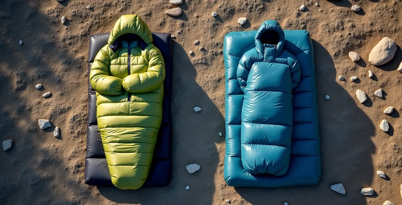 Comparaison visuelle entre un quilt et un sac de couchage posés côte à côte sur matelas de randonnée