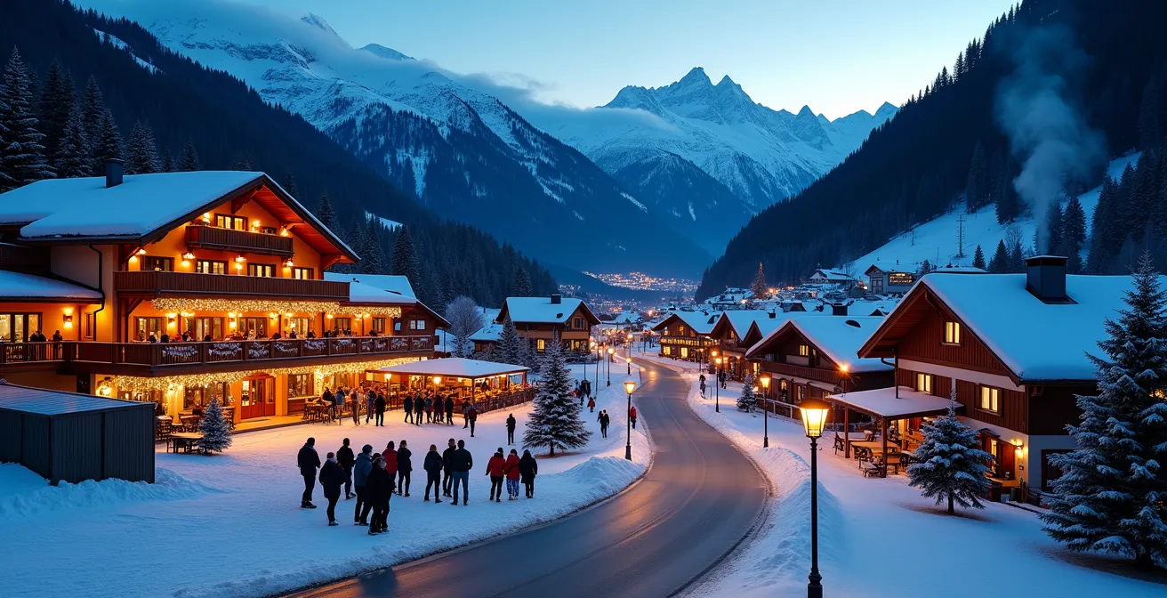 Vue divisée montrant une station animée le soir et un village calme en vallée