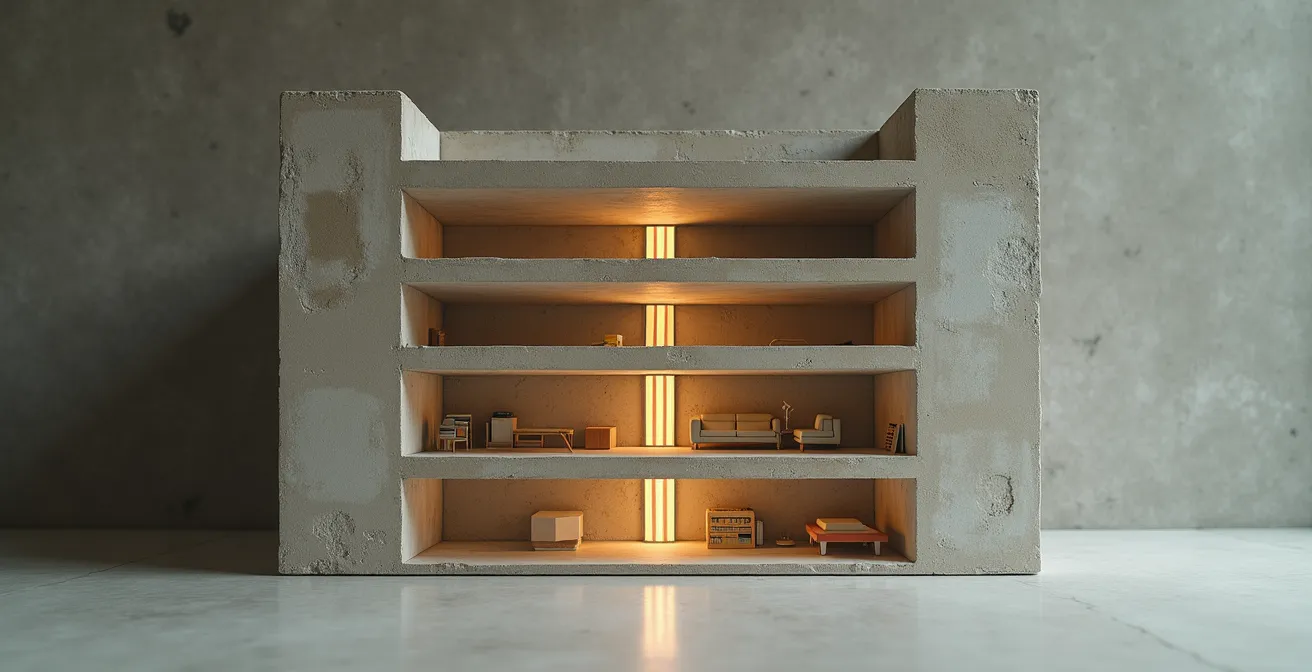 Vue en coupe d'un immeuble des années 70 montrant la propagation du bruit entre étages