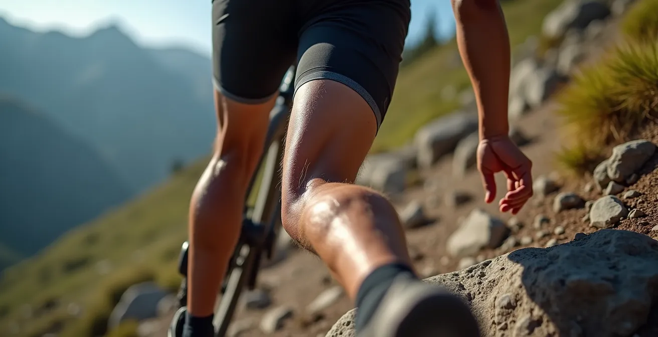 Athlète effectuant un squat excentrique contrôlé sur une pente naturelle en montagne