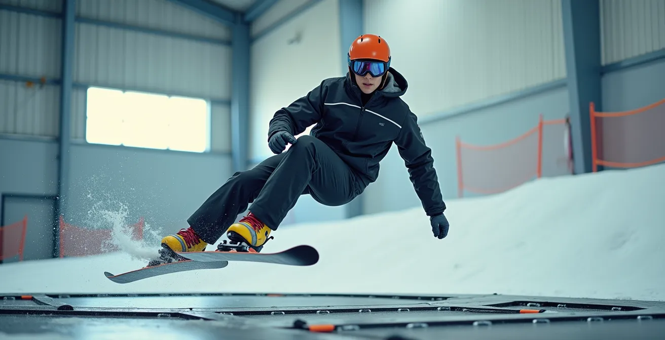 Skieur s'entraînant sur un trampoline avec des skis d'entraînement spéciaux