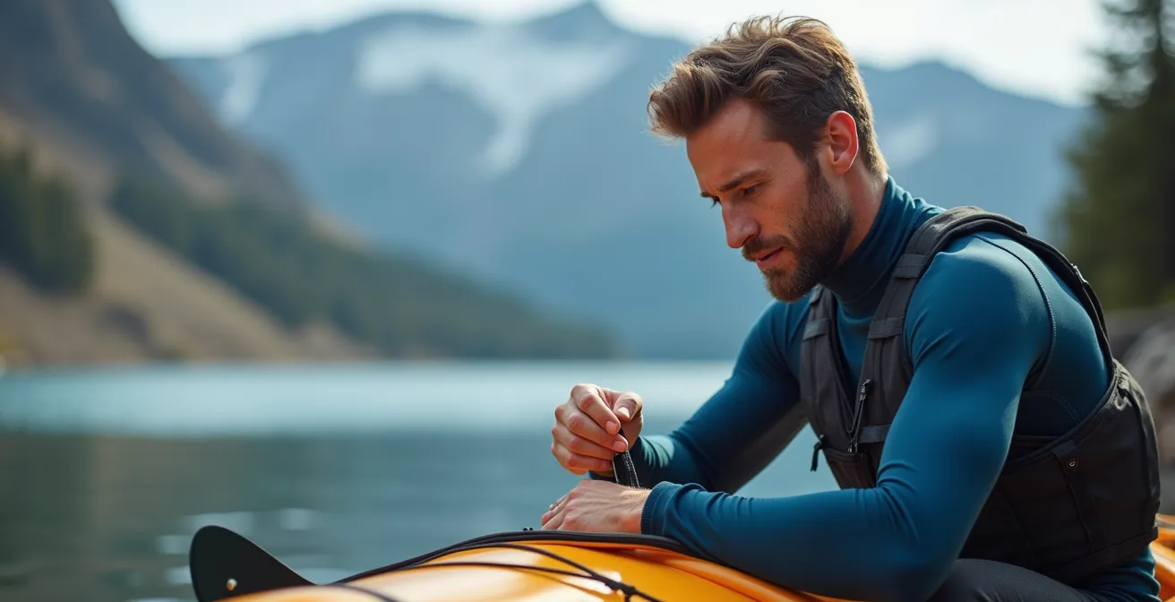 Kayakiste équipé d'une combinaison néoprène sur lac de montagne avec vue sur glaciers