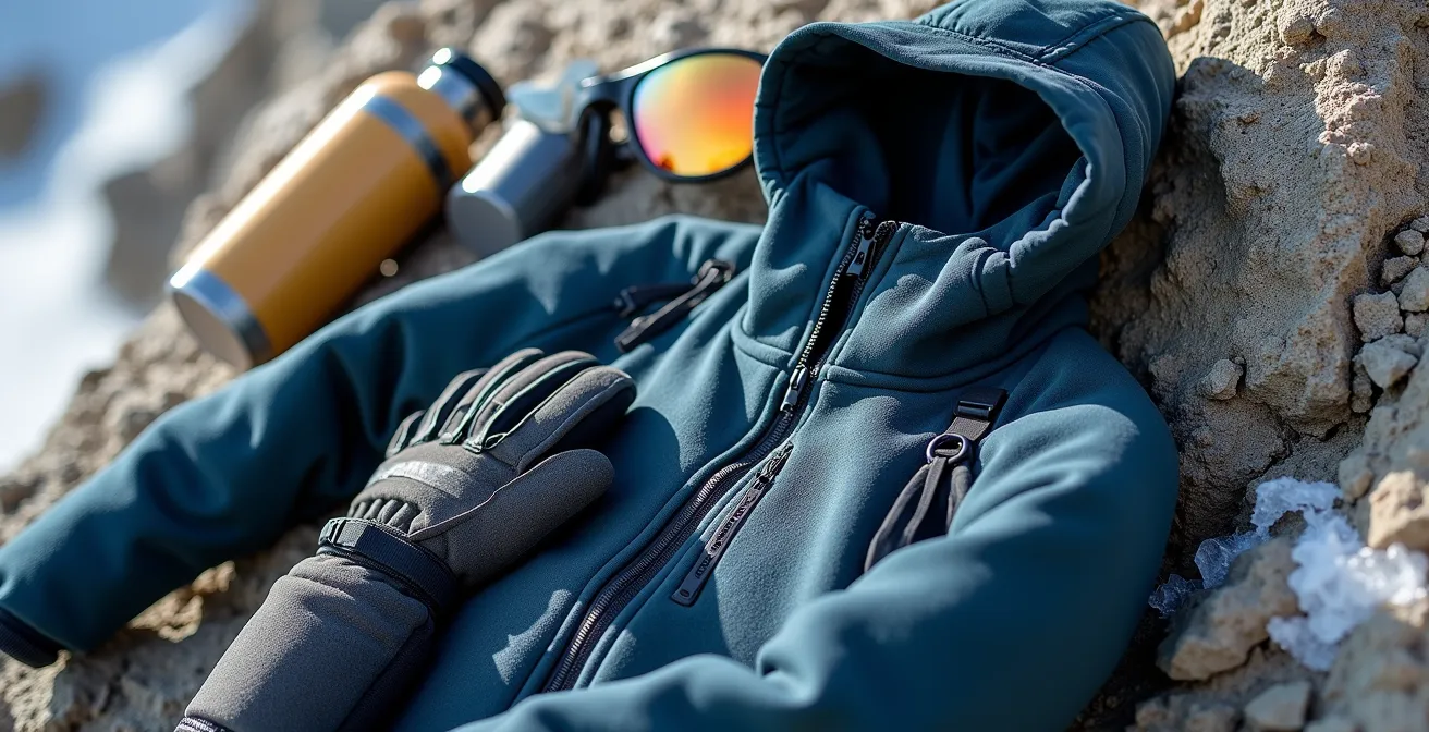 Équipement de montagne disposé sur une surface rocheuse en haute altitude