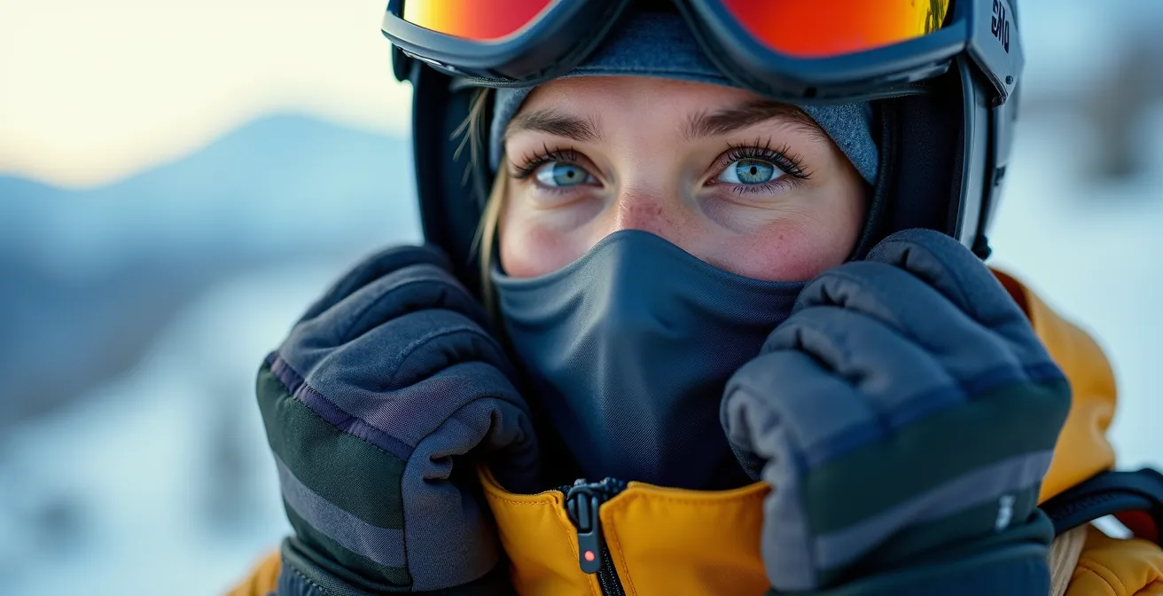 Personne équipée pour tyrolienne hivernale avec masque intégral et tenue coupe-vent technique