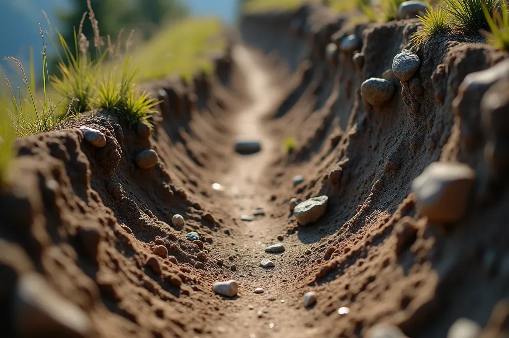 Vue aérienne montrant l'érosion causée par les raccourcis sur un sentier en lacets