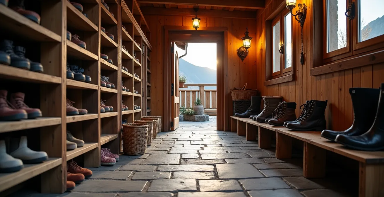Entrée organisée d'un refuge avec espace dédié aux chaussures de randonnée