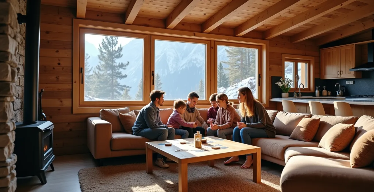 Intérieur spacieux d'un gîte de vallée avec famille détendue près de la cheminée