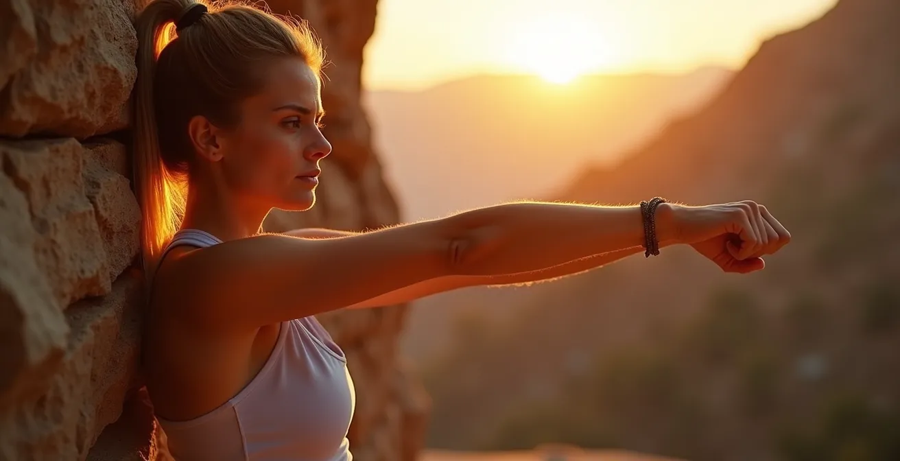 Randonneur pratiquant des étirements PNF des bras après l'effort