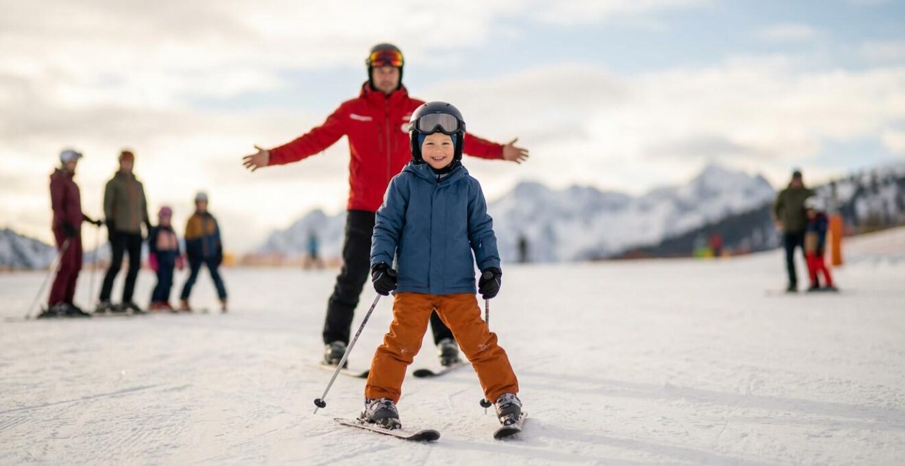 Enfants apprenant à skier sur une pente douce avec moniteur dans les Pyrénées