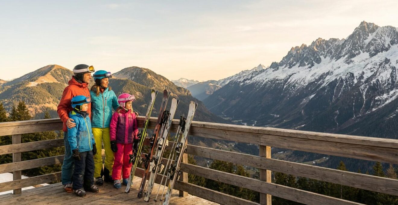 Famille souriante sur une terrasse de montagne contemplant deux massifs montagneux