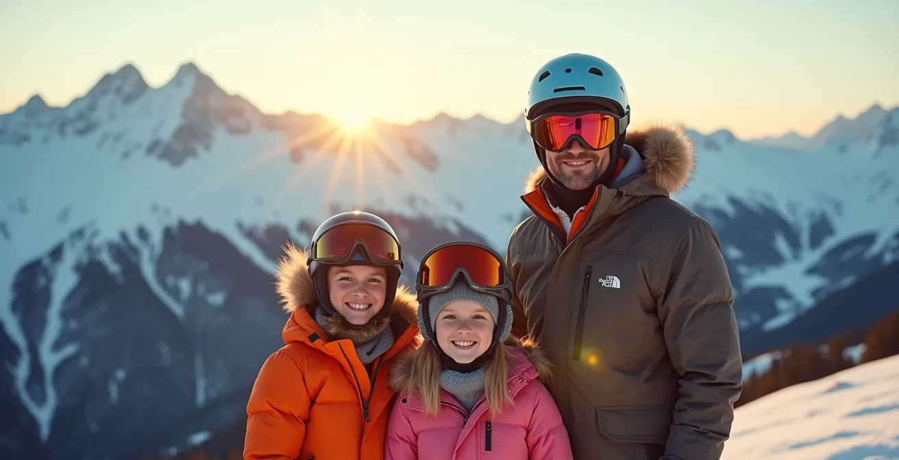 Famille avec enfants équipée pour le ski observant les sommets enneigés en sécurité