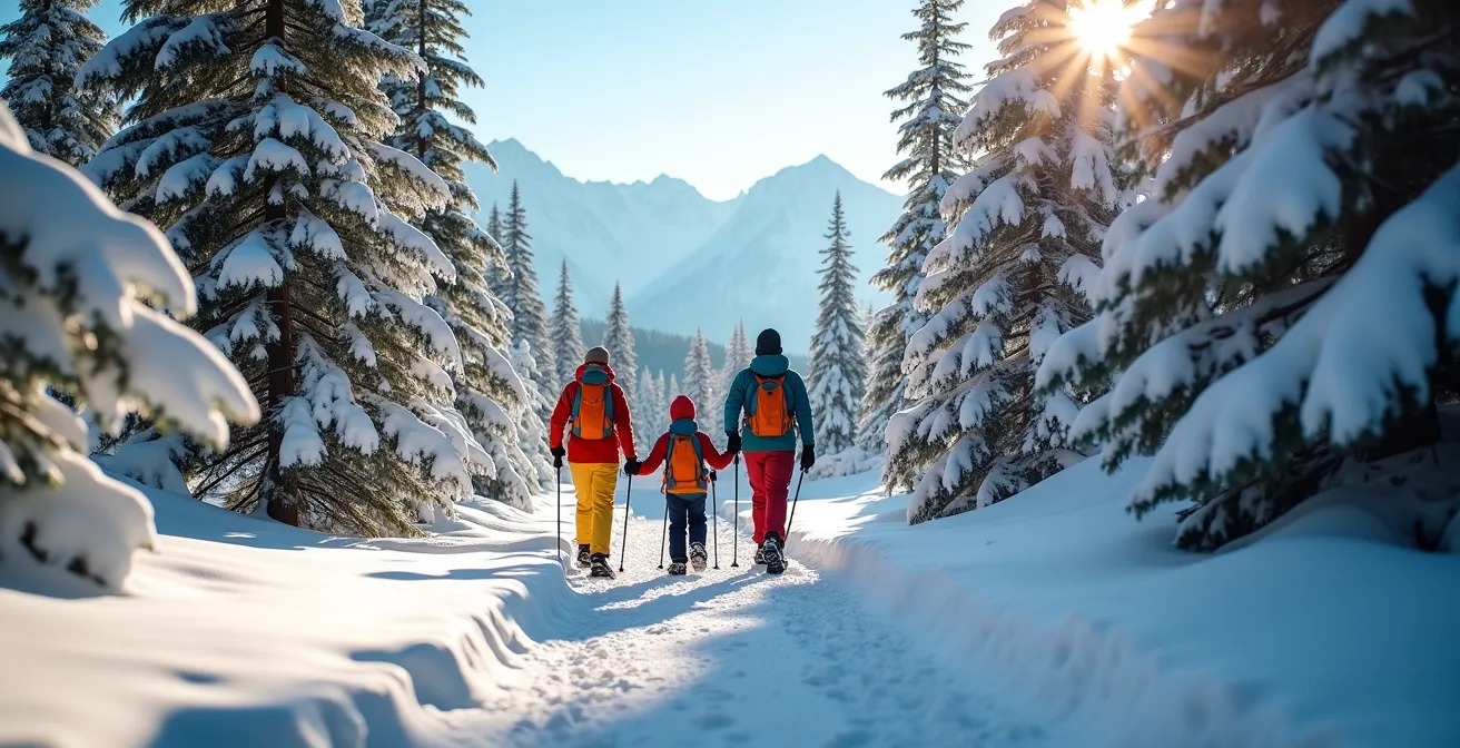 Famille en randonnée raquettes dans une forêt enneigée avec vue sur les montagnes