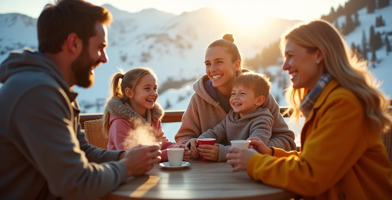 Famille en pause sur une terrasse d'altitude ensoleillée avec vue sur les pistes