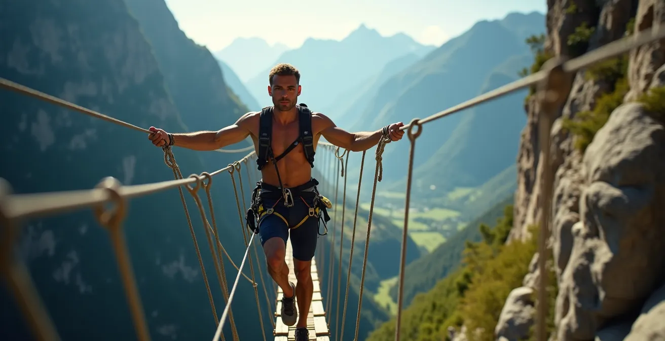 Personne traversant un pont de singe en via ferrata avec technique d'équilibre optimale
