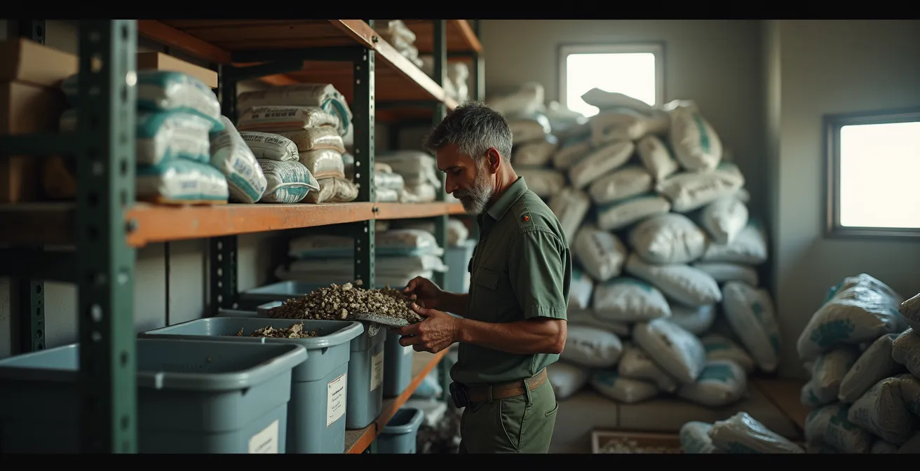 Un gardien de refuge trie et compacte des déchets dans un local de stockage en montagne