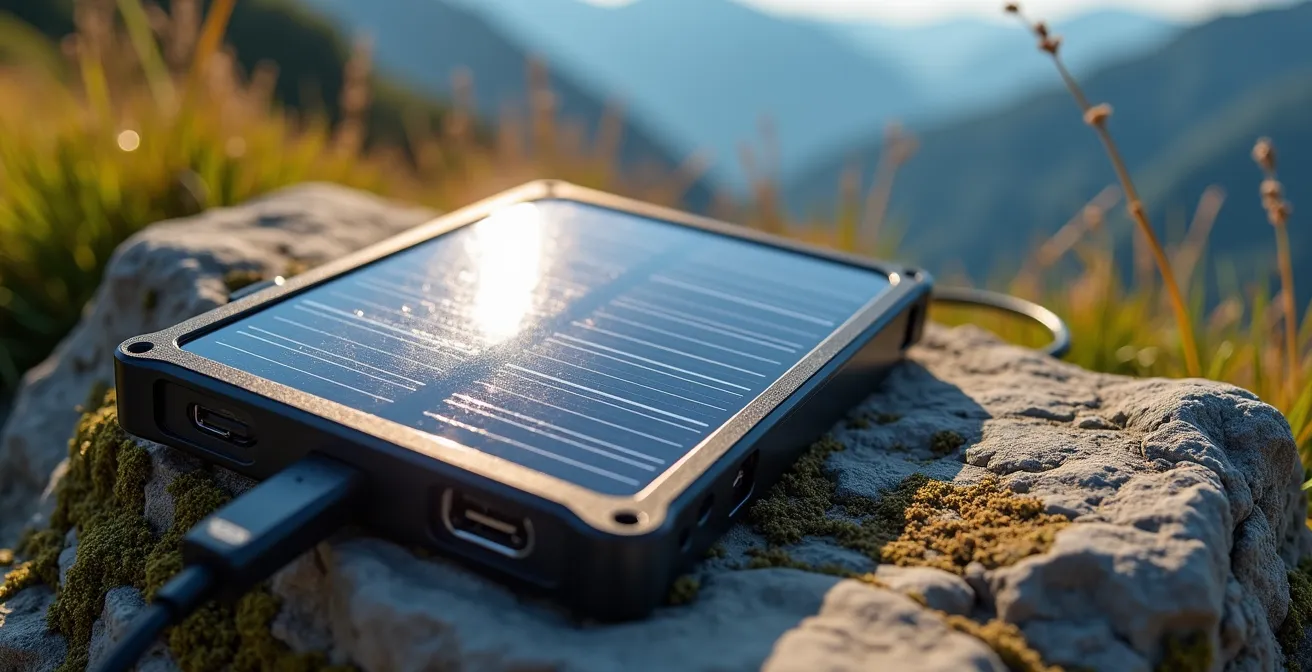 Panneau solaire portable déployé sur un rocher avec batterie externe en charge
