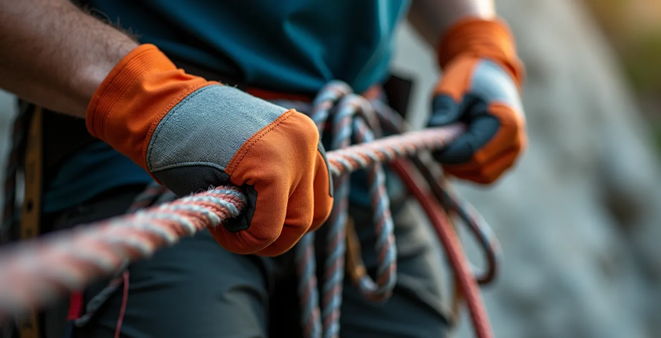 Main de grimpeur sentant la tension de la corde pour communiquer