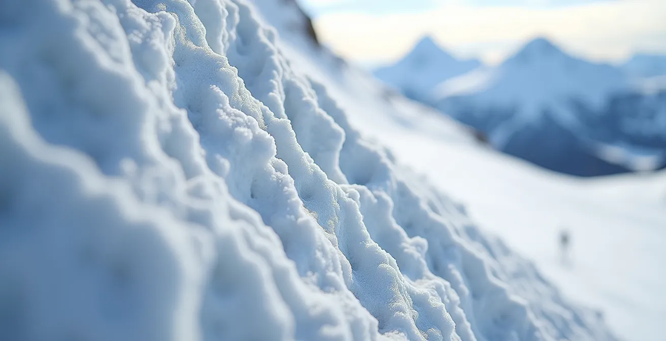 Gros plan macro sur les traces de dérapage dans la neige fraîche d'une lèvre de saut