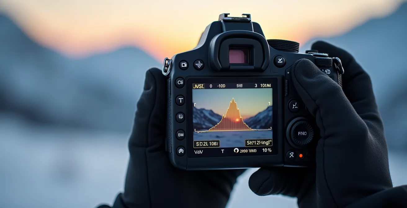 Écran d'appareil photo montrant l'histogramme d'une scène de neige correctement exposée