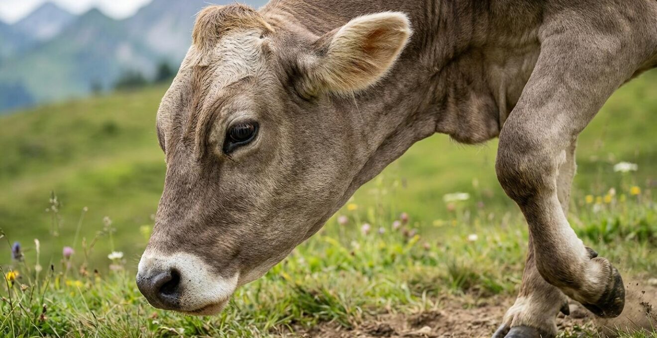 Vue rapprochée du langage corporel d'une vache montrant les signes d'alerte : oreilles en arrière, regard fixe.