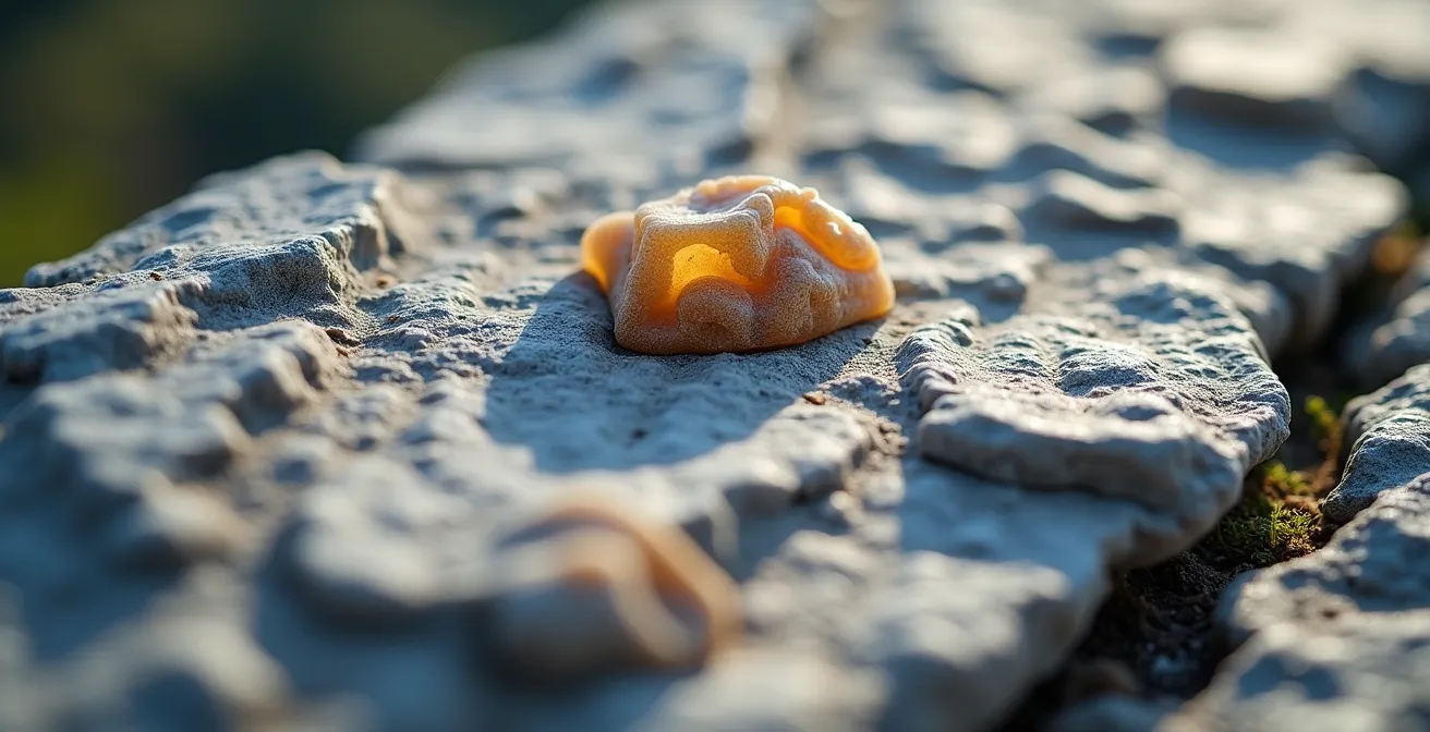 Gros plan macro sur texture de rocher calcaire montrant les micro-prises et traces de magnésie