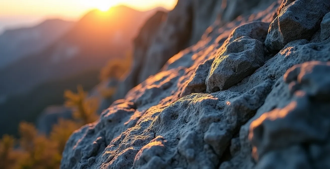 Relief montagneux éclairé par lumière rasante révélant textures et volumes