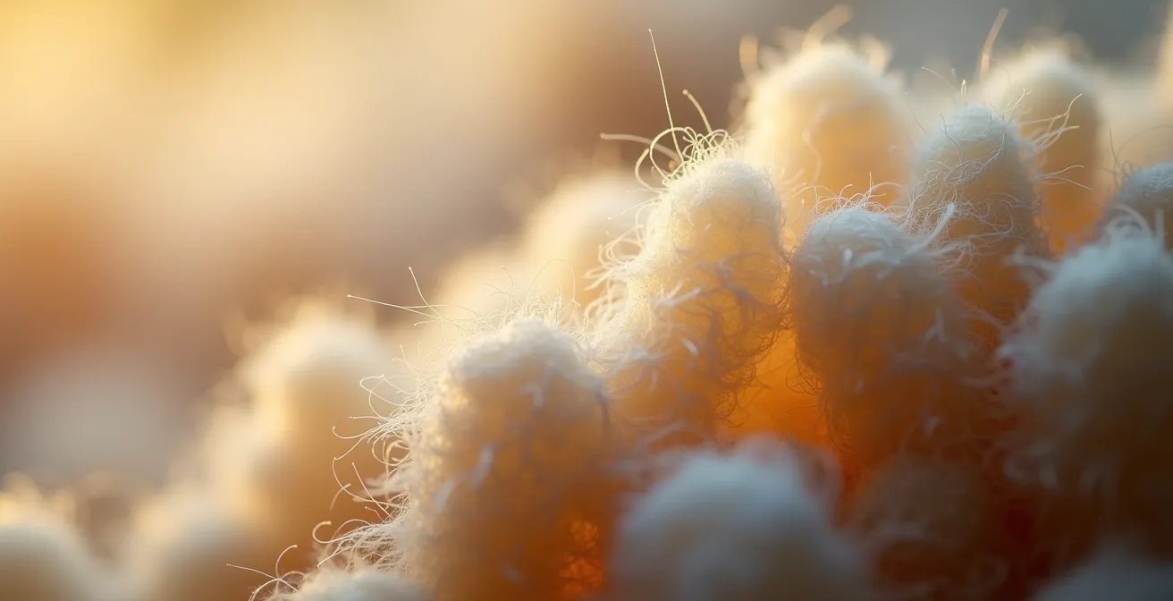Vue macro de fibres de laine mérinos montrant leur structure naturelle anti-odeur