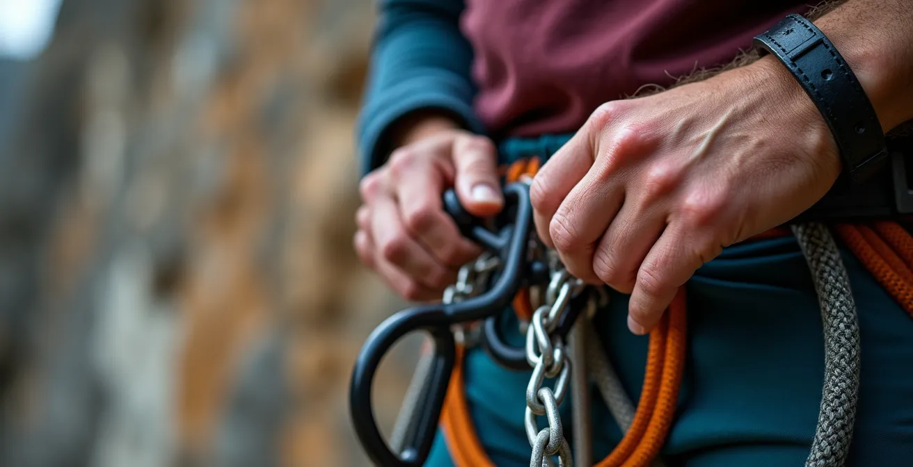 Mains de grimpeur effectuant une manipulation de corde au relais avec système redondant visible