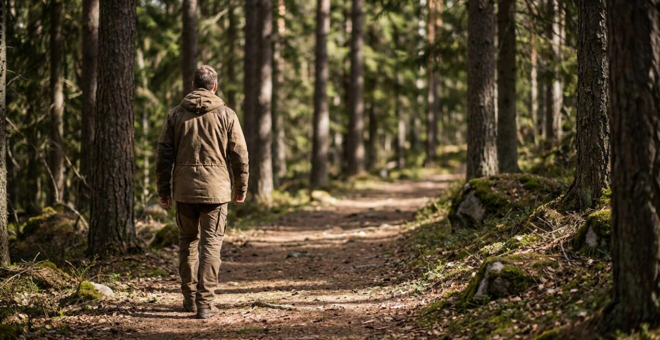 Personne pratiquant la marche méditative sur un sentier forestier de montagne