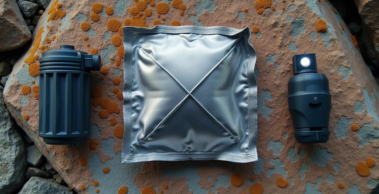 Organisation méthodique du matériel de survie accessible rapidement dans différentes poches d'un sac à dos de montagne