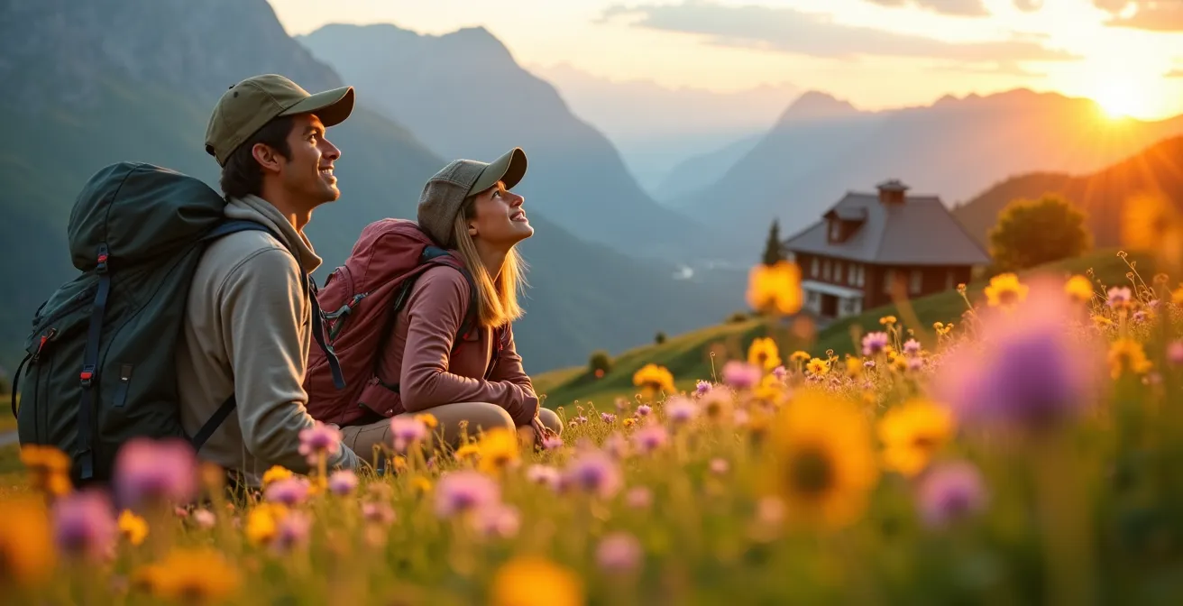 Randonneurs traversant une prairie de fleurs alpines en été avec refuges de montagne en arrière-plan