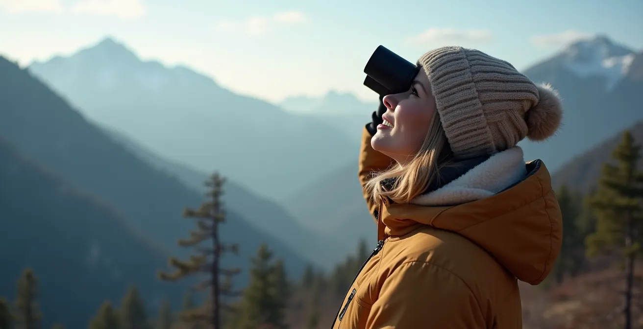 Observateur utilisant des jumelles à distance respectueuse dans un paysage alpin
