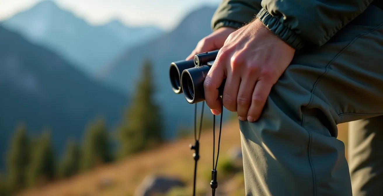 Randonneur utilisant ses genoux comme support pour stabiliser ses jumelles en observation
