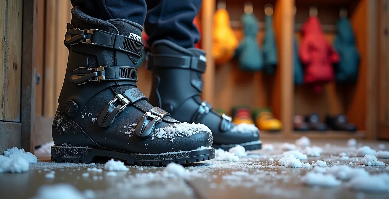 Espace de rangement organisé pour équipement de ski dans l'entrée d'un gîte de montagne
