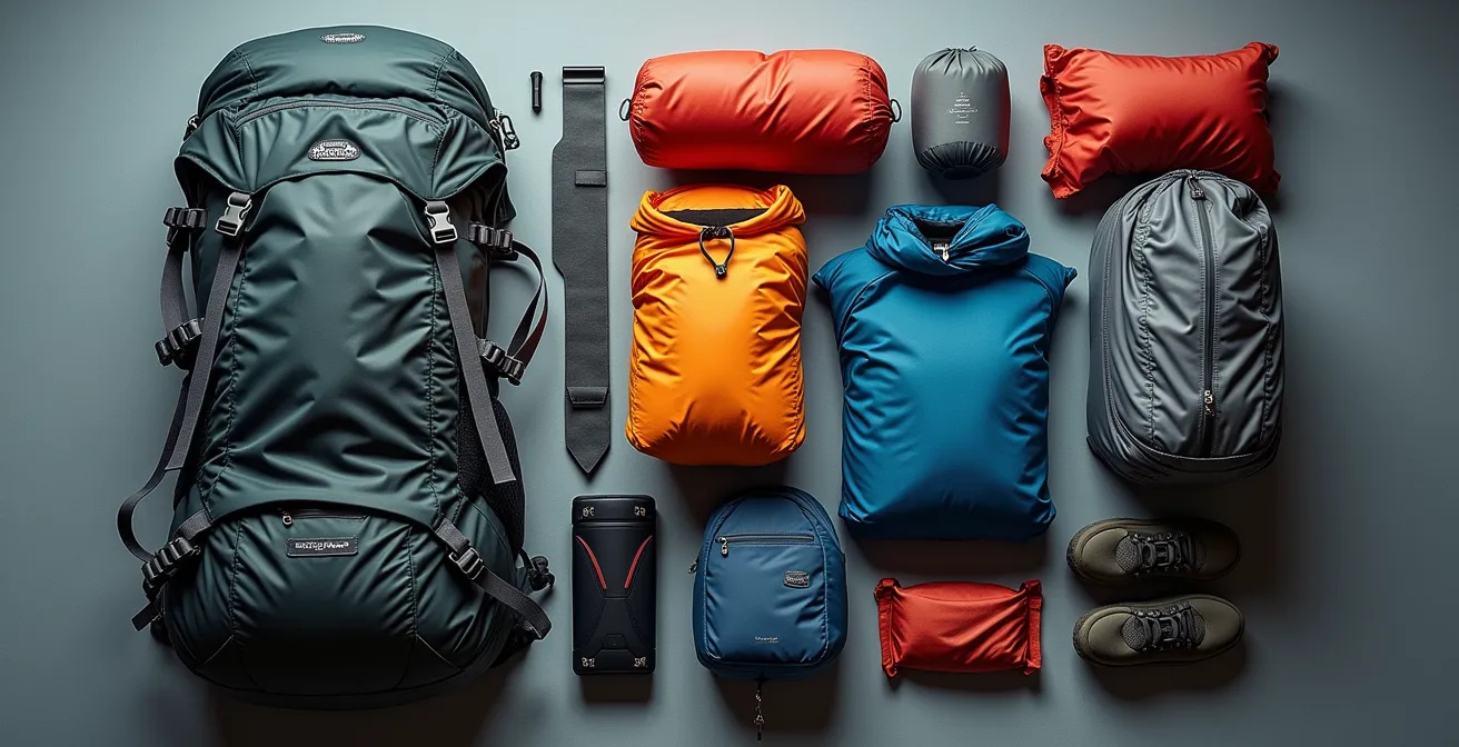 Vue éclatée d'un sac à dos montrant l'organisation optimale du matériel par zones d'accès