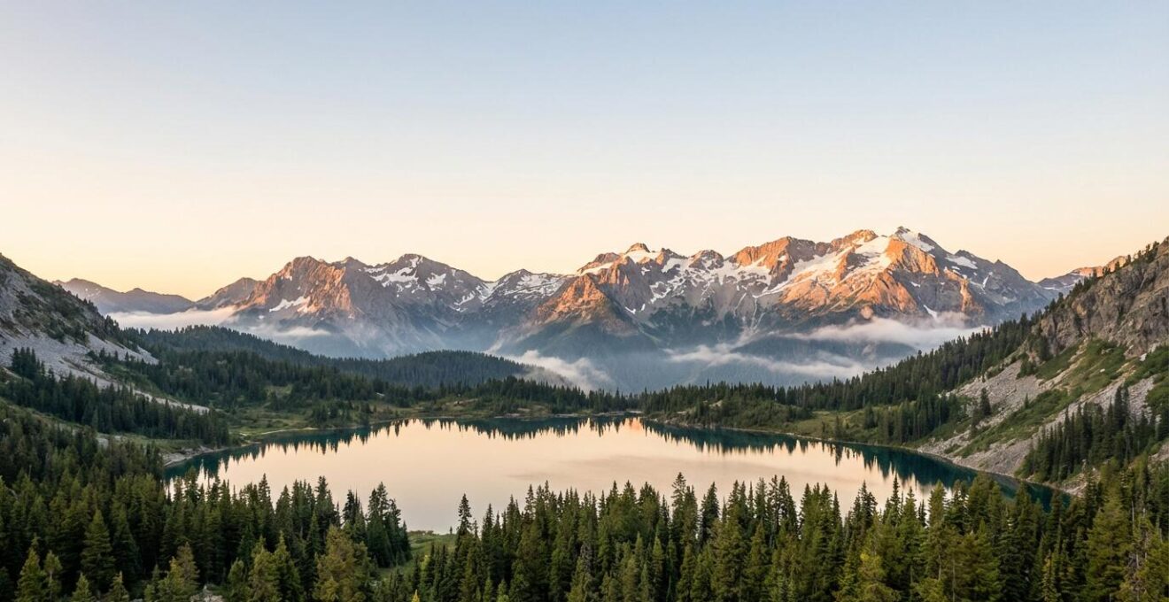 Vue panoramique d'une vallée alpine avec différents paysages de montagne au lever du soleil