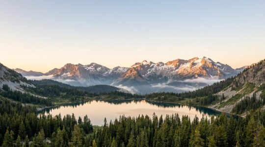 Vue panoramique d'une vallée alpine avec différents paysages de montagne au lever du soleil