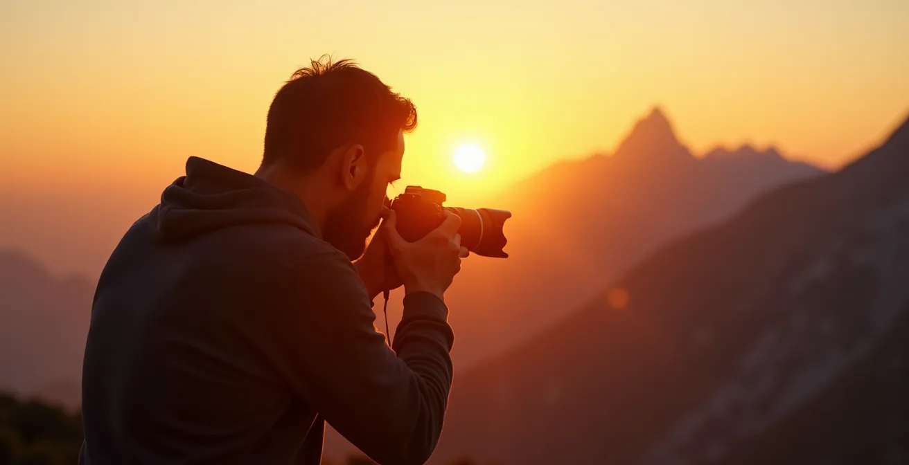 Photographe de dos capturant le coucher de soleil sur les sommets alpins